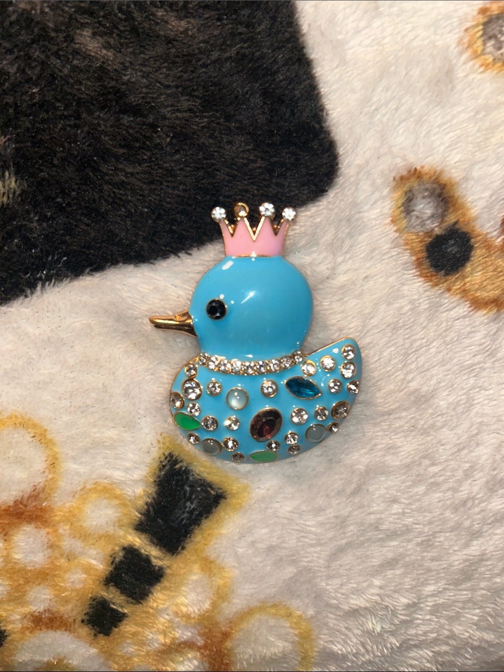 Blue Jeweled Duck Brooch with Pink Crown
